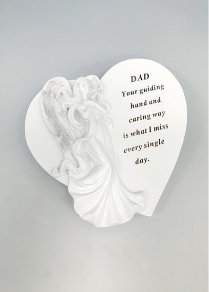 "Dad" White Love Heart Angel Memorial Grave Plaque Ornament