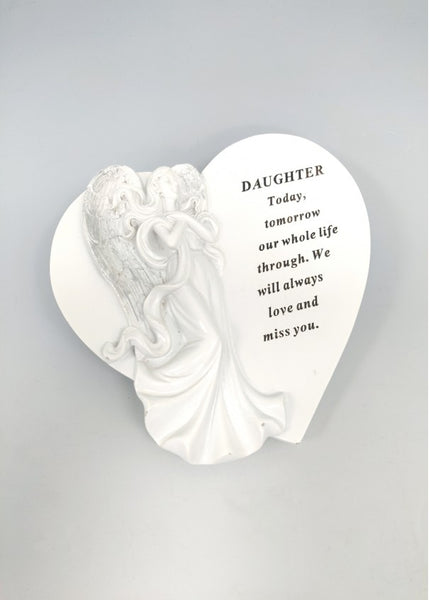 "Daughter" White Angel Love Heart Shaped Memorial Garden / Grave Plaque