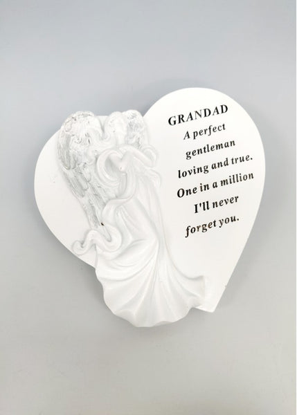 "Grandad" White Love Heart Shaped Angel Detailed Memorial Garden / Grave Plaque