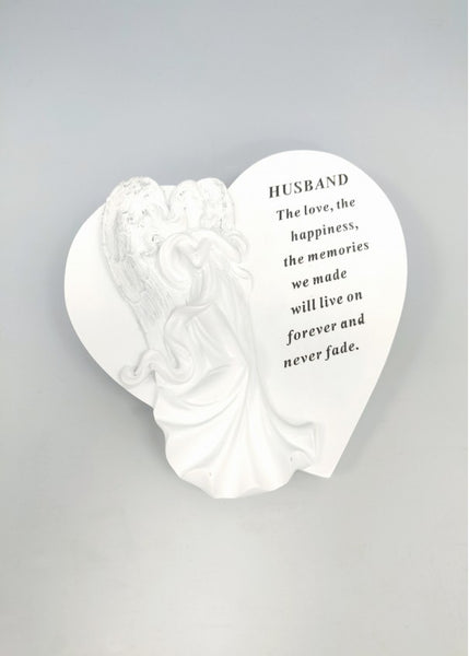 "Husband" White Love Heart Shaped Angel Detailed Memorial Garden / Grave Plaque