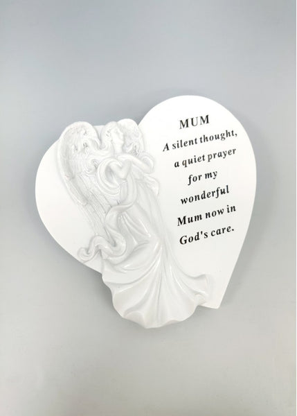 "Mum" White Love Heart Shaped Angel Memorial Garden / Grave Plaque