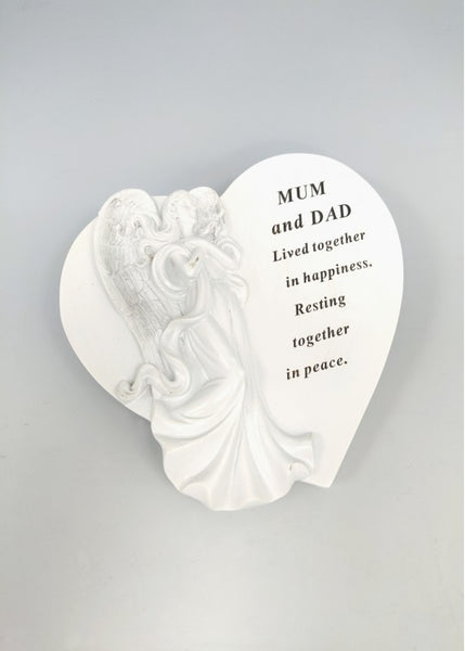 "Mum & Dad" White Love Heart Shaped Angel Memorial Garden / Grave Plaque