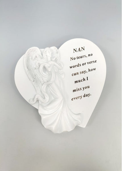 "Nan" White Love Heart Shaped Angel Memorial Garden / Grave Plaque