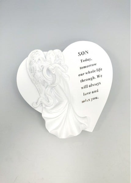 "Son" White Angel Love Heart Shaped Memorial Garden / Grave Plaque