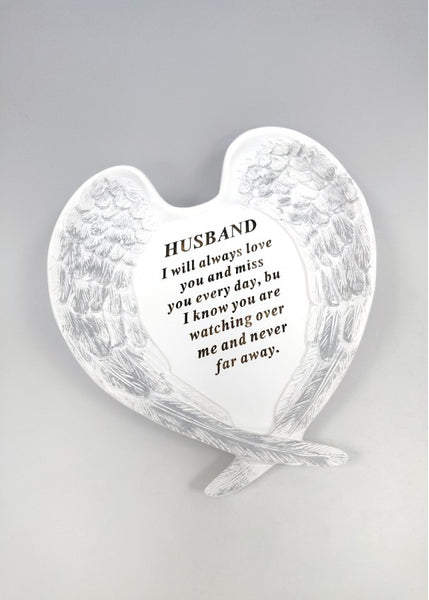 "Husband, I Will Always Love You" White Angel Wings Shaped Detailed Memorial Garden / Grave Plaque