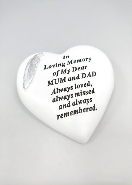 "In Loving Memory of My Dear Mum & Dad" Love Heart Shaped Memorial Garden / Grave Plaque