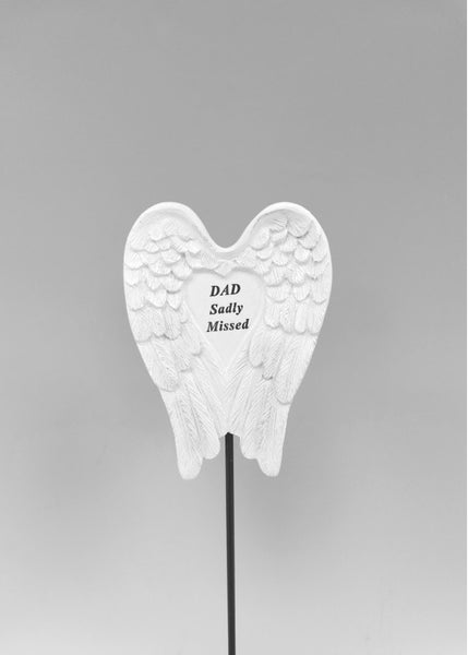 "Dad, Sadly Missed" Beautiful Angel Wings Silver Glitter Memorial Garden / Grave Rod / Wand Stick