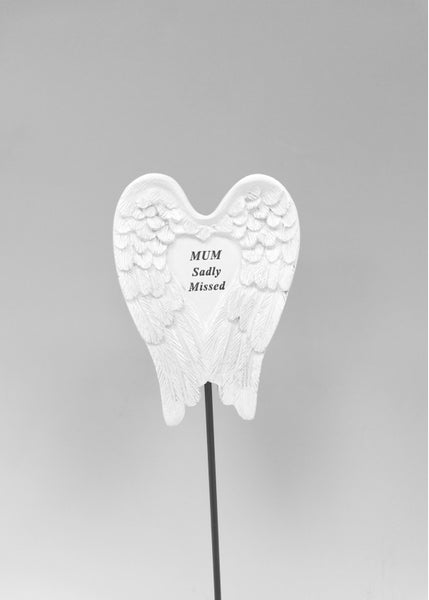 "Mum, Sadly Missed" Beautiful Angel Wings Silver Glitter Memorial Garden / Grave Rod / Wand Stick