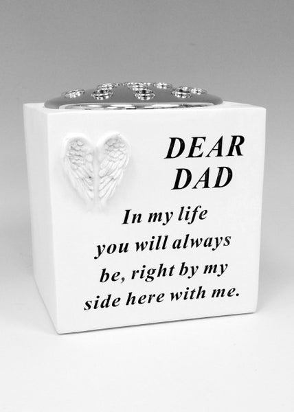 "Dear Dad" White Silver Angel Wings Detailed Memorial Garden / Grave Flower Vase / Rose Bowl