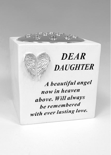 "Dear Daughter" White Angel Wings Detailed Memorial / Grave Flower Vase