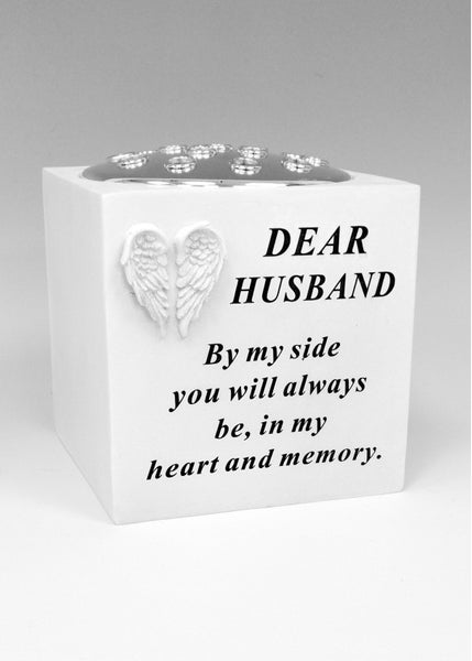 "Dear Husband" White Angel Wings Detailed Memorial Garden / Grave Flower Vase / Rose Bowl
