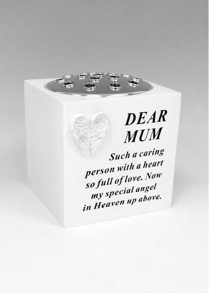 "Dear Mum" White Silver Angel Wings Detailed Memorial Garden / Grave Flower Vase / Rose Bowl