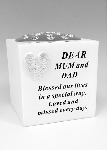 "Dear Mum & Dad" White Silver Angel Wings Detailed Memorial Garden / Grave Flower Vase / Rose Bowl
