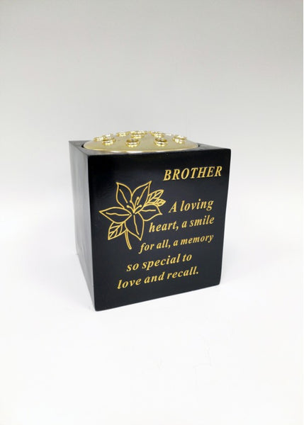 "Brother" Black & Gold Floral Detailed Memorial Garden / Grave Flower Vase / Rose Bowl