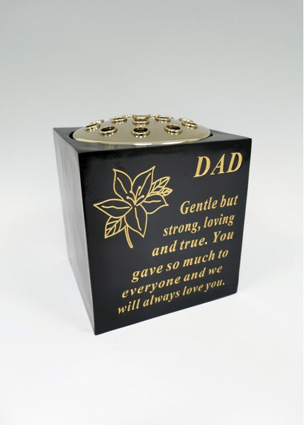 "Dad" Black & Gold Flower Detailed Memorial Garden / Grave Flower Vase / Rose Bowl