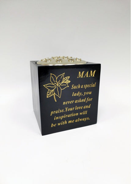 "MAM" Black & Gold Flower Detailed Memorial Garden / Grave Flower Vase / Rose Bowl