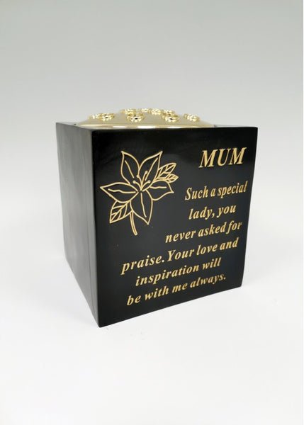 "Mum" Black & Gold Flower Detailed Memorial Garden / Grave Flower Vase / Rose Bowl