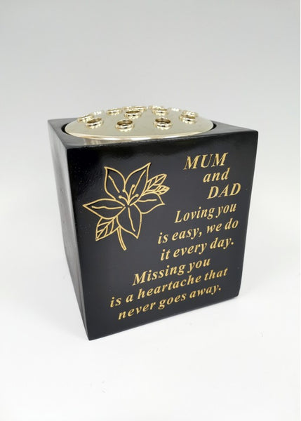 "Mum & Dad" Black & Gold Flower Detailed Memorial Garden / Grave Flower Vase / Rose Bowl
