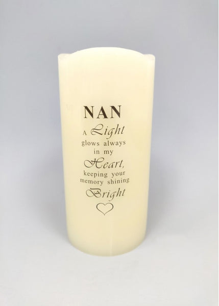 "Nan, A Light Glows Always in my Heart" Memorial LED Battery Powered Candle