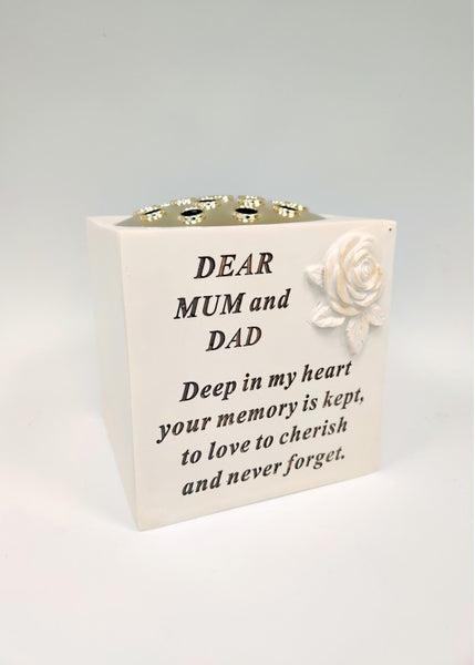 "Dear Mum & Dad" Golden Rose Flower Detailed Memorial Garden / Grave Flower Vase / Rose Bowl