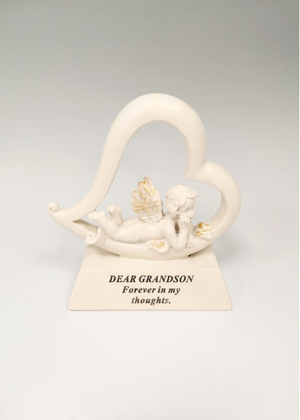 "Dear Grandson" Beautiful Cherub & Love Heart Shaped Memorial Garden / Grave Plaque
