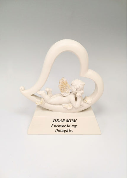 "Dear Mum, Forever in my Thoughts" Love Heart Shaped Cherub Angel Memorial Garden / Grave Plaque