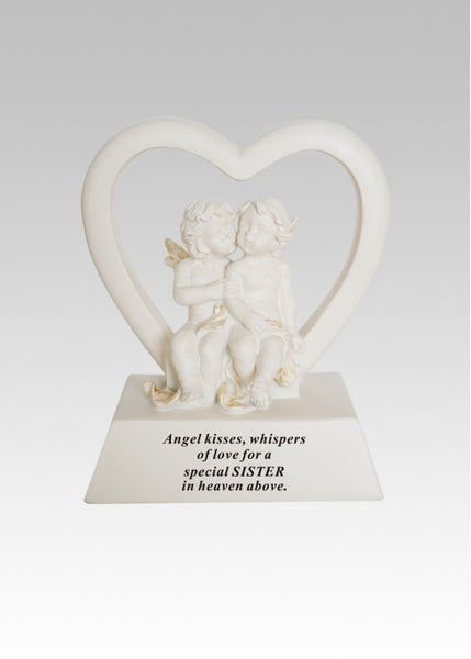 "Special Sister" Love Heart Shaped Cherub Angels Memorial Garden / Grave Plaque with Floral Detail