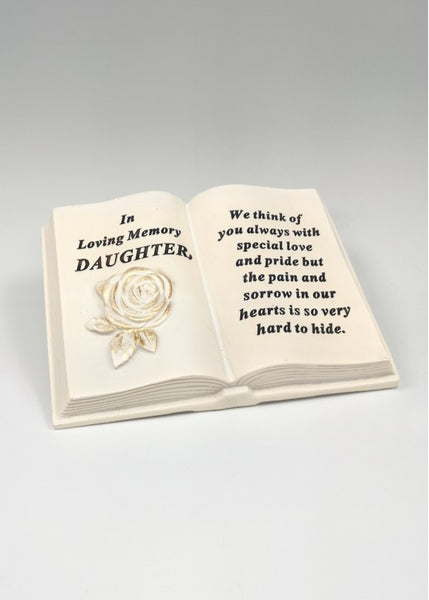 "In Loving Memory, Daughter" Open Book Style Golden Rose Memorial Garden / Grave Plaque Ornament