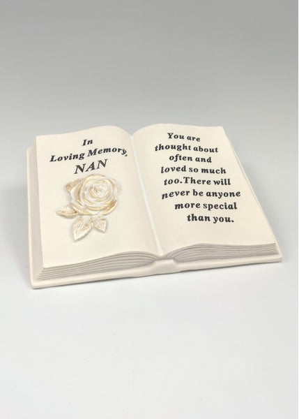 "In Loving Memory Nan" Golden Rose Memorial Garden Open Book / Grave Plaque