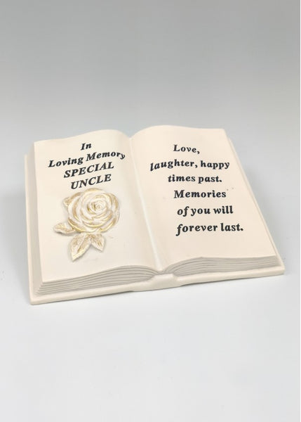 "In Loving Memory, Special Uncle" Beautiful Golden Rose Book Style Memorial Garden / Grave Plaque