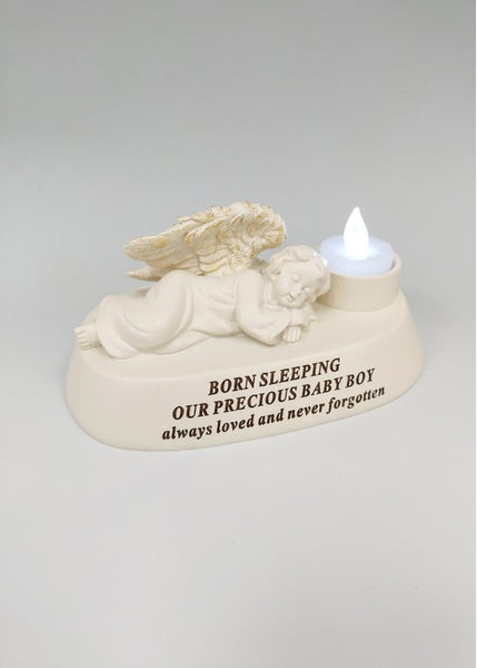 "Born Sleeping Our Precious Baby Boy" Cherub Angel Style Memorial Garden / Grave Plaque Ornament with LED Candle
