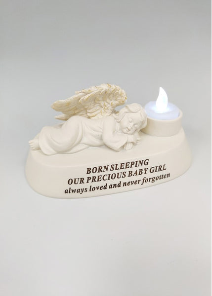 "Born Sleeping Our Precious Baby Girl" Beautiful Cherub Angel Style Memorial Garden / Grave Plaque with LED Candle