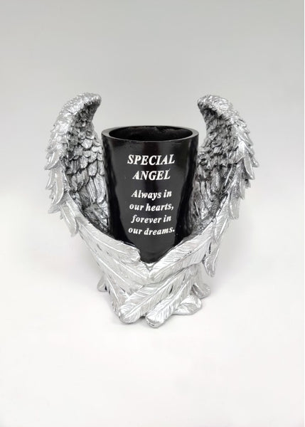 "Special Angel" Black & Silver Angel Wings Memorial Garden / Grave Flower Vase