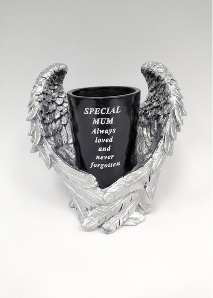 "Special Mum" Silver Textured Angel Wings Detailed Memorial Garden / Grave Flower Vase