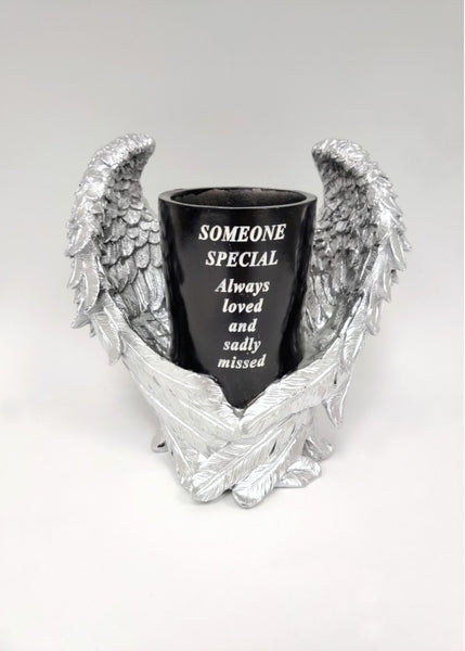 "Someone Special" Black & Silver Angel Wings Memorial Garden / Grave Flower Vase
