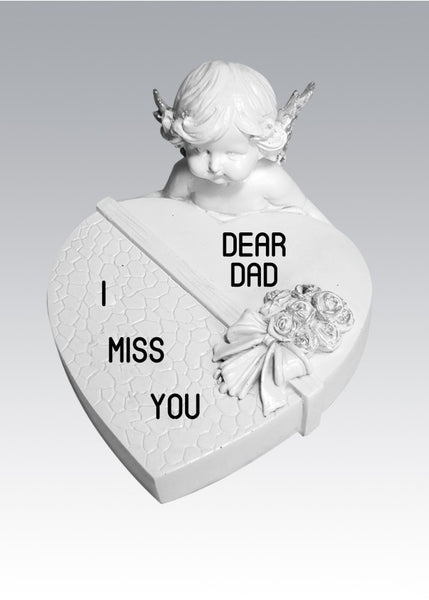 "Dear Dad, I Miss You" White Love Heart Cherub Angel Floral Memorial Grave Plaque Ornament