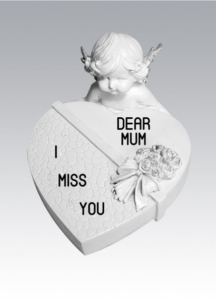 "Dear Mum, I Miss You" White Love Heart Shaped Cherub Angel Memorial Garden / Grave Plaque