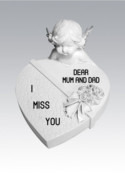 "Dear Mum & Dad, I Miss You" White Love Heart Shaped Cherub Angel Memorial Garden / Grave Plaque