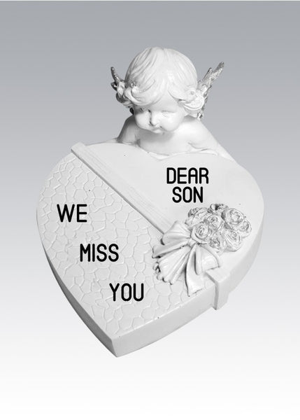 "Dear Son, We Miss You" Beautiful White Love Heart Cherub Angel Motif Memorial Garden / Grave Plaque