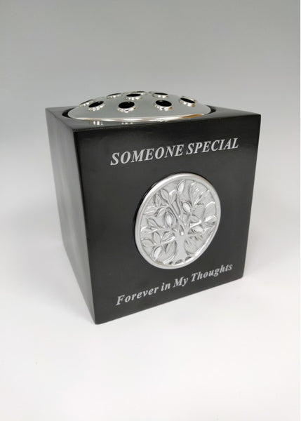 "Someone Special" Black & Silver Diamante "Tree of Life" Detailed Memorial Garden / Grave Flower Vase / Rose Bowl