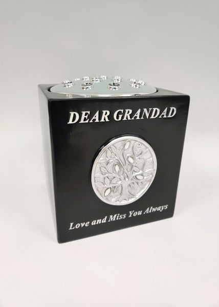 "Dear Grandad" Black & Silver Diamante "Tree of Life" Memorial Garden / Grave Flower Vase / Rose Bowl