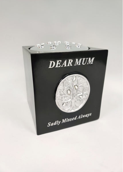 "Dear Mum" Black & Silver Diamante "Tree of Life" Detailed Memorial Garden / Grave Flower Vase / Rose Bowl