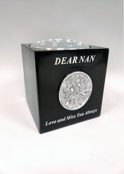 "Dear Nan" Black & Silver Diamante "Tree of Life" Detailed Memorial Garden / Grave Flower Vase / Rose Bowl