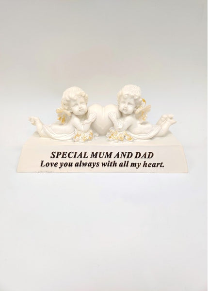 "Special Mum & Dad, Love You Always" White Love Heart & Cherubs Memorial Garden / Grave Plaque