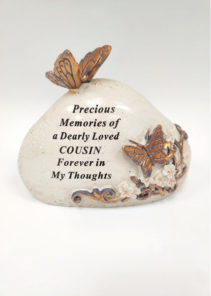 "Precious Memories of A Dearly Loved Cousin" Beautiful Rock Style Butterfly Detailed Memorial Garden / Grave Plaque