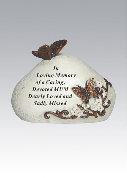 "In Loving Memory of A Caring, Devoted Mum" Rock Style Butterfly Detailed Memorial Garden / Grave Plaque