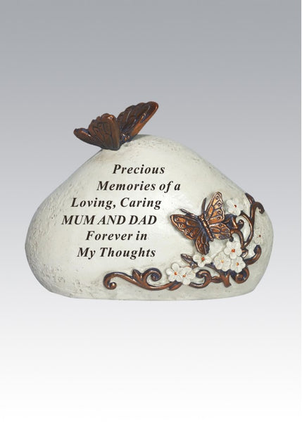 "Precious Memories of A Loving, Caring Mum & Dad" Rock Style Butterfly Memorial Grave Plaque