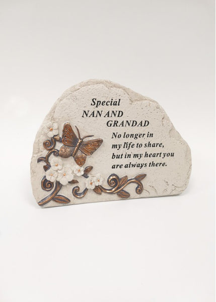 "Special Nan & Grandad" Rock Shaped Butterfly Detailed Memorial Garden / Grave Plaque