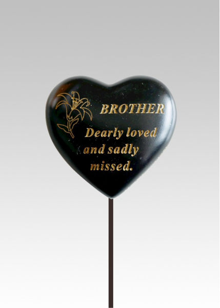 "Brother" Black & Gold Love Heart Memorial Garden / Grave Rod / Wand Stick