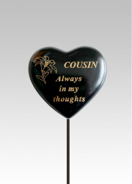 "Cousin" Black & Gold Love Heart Memorial Garden / Grave Rod / Wand Stick